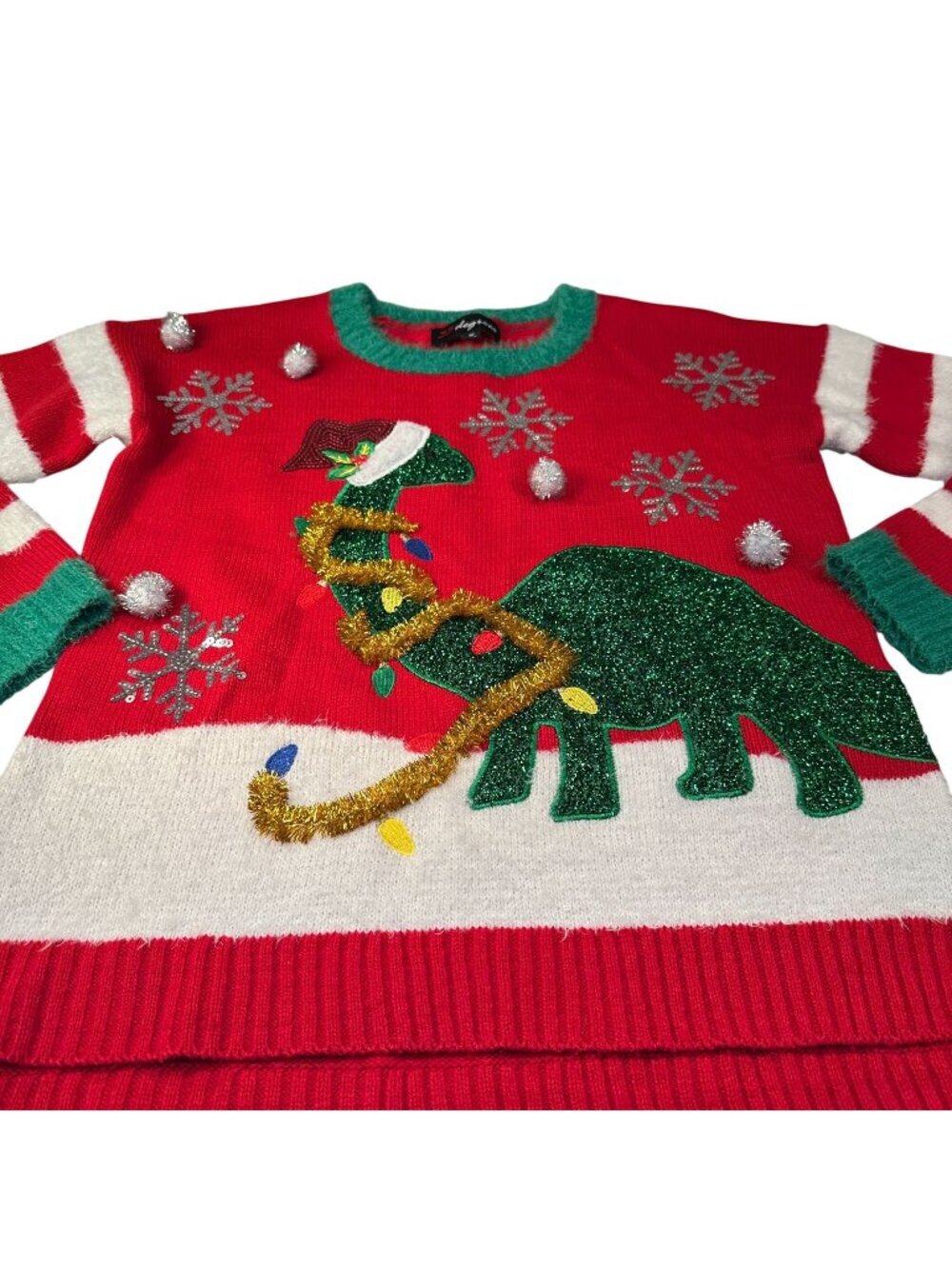33 Degrees Christmas Holiday Dinosaur Santa Ugly Sweater Women Fuzzy Festive